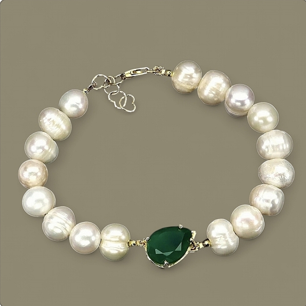Natural Aventurine 13x9mm & Cultured Pearl 925 Sterling Silver Bracelet 8"